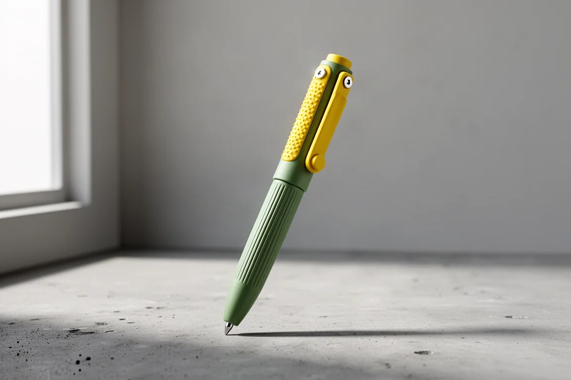 Tactile Turn Fairway rollerball pen with green barrel and yellow clip on concrete