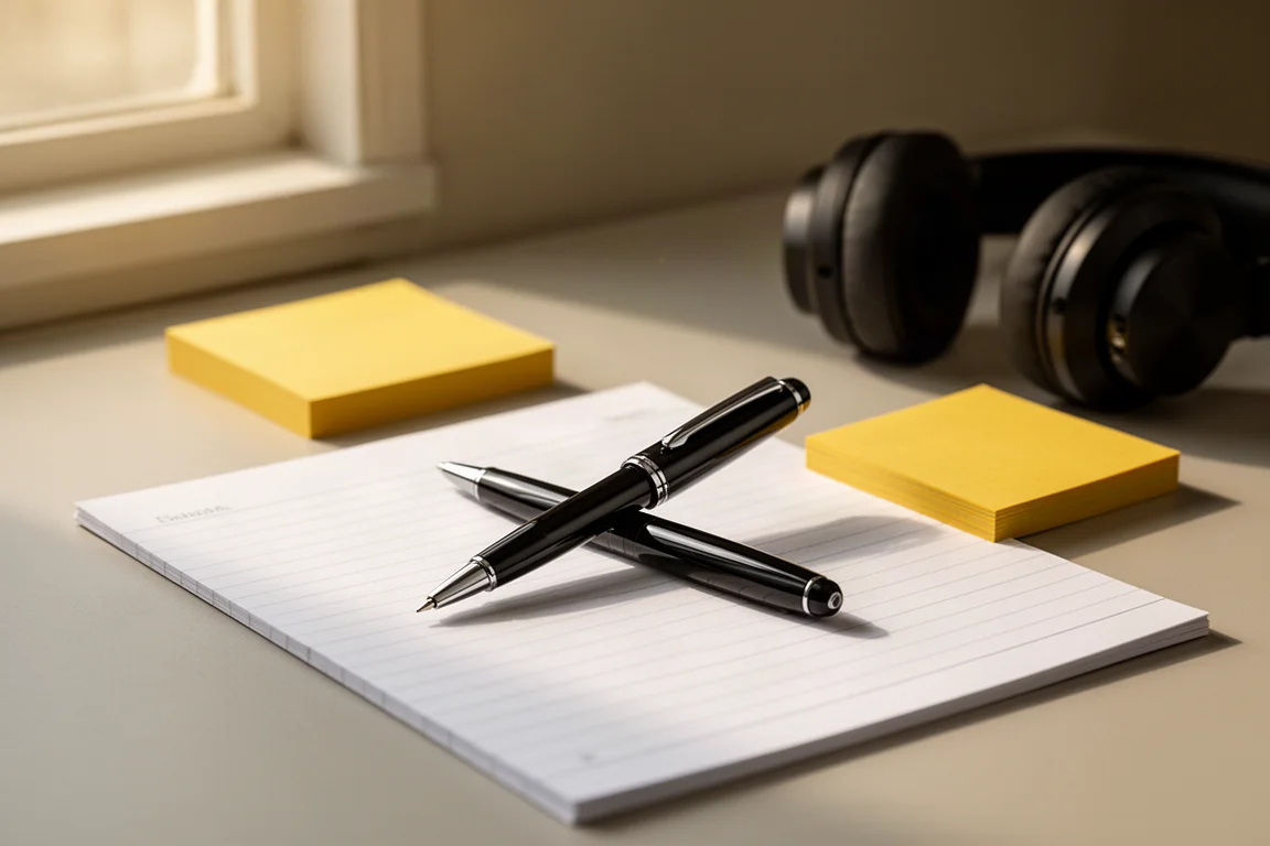 Rollerball pen resting on a desk beside a notebook and sticky notes
