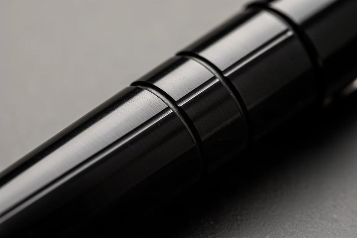 Close-up of a pen barrel showing engraved track gaps resembling a vinyl record