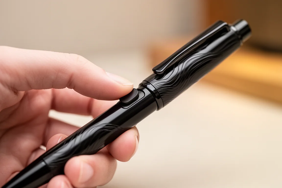 Fingertip pressing a side-click button on a machined pen barrel