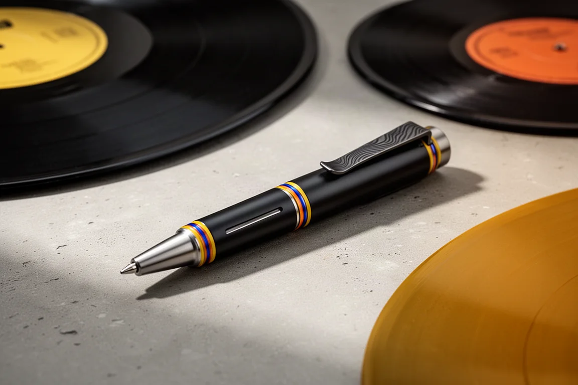 Glossy black rollerball pen with retro accent rings resting on concrete beside vinyl records