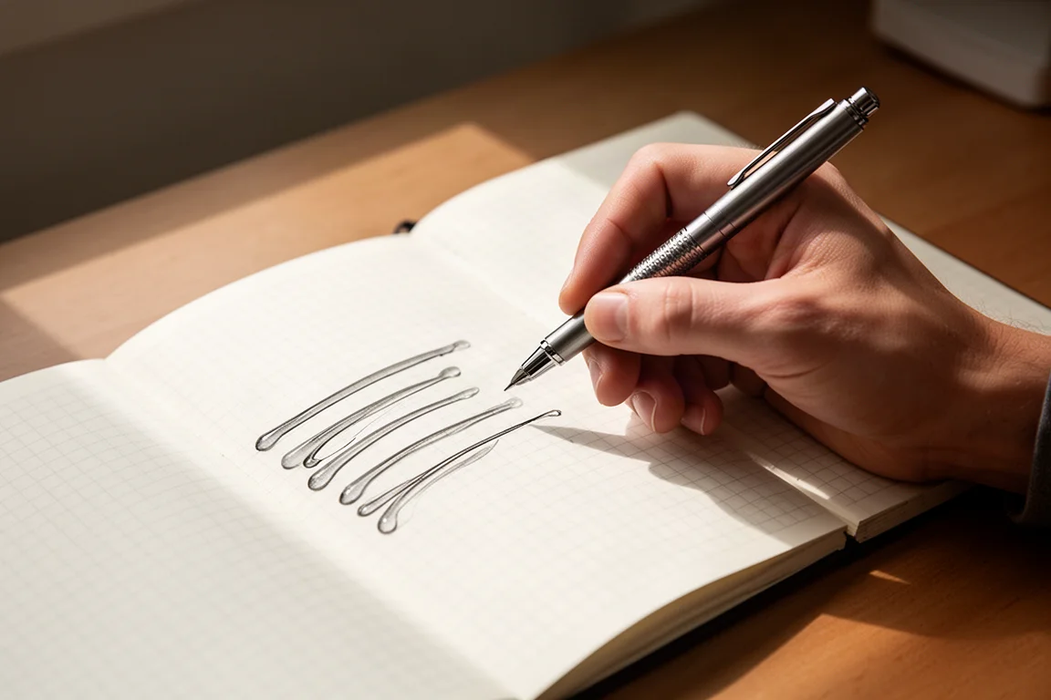 Hand hält einen gefrästen Stift über einem Notizbuch beim Schreiben