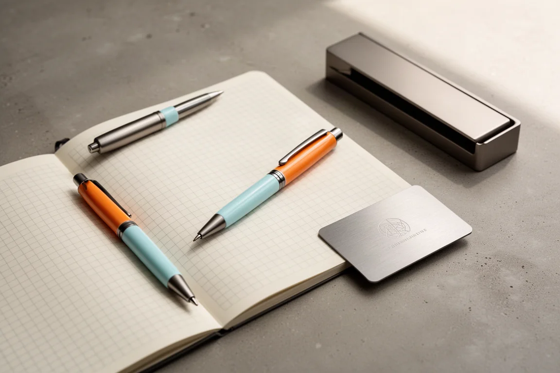 Stift, Notizbuch und metallene Inspirationskarte auf einer flachen Schreibtischfläche arrangiert