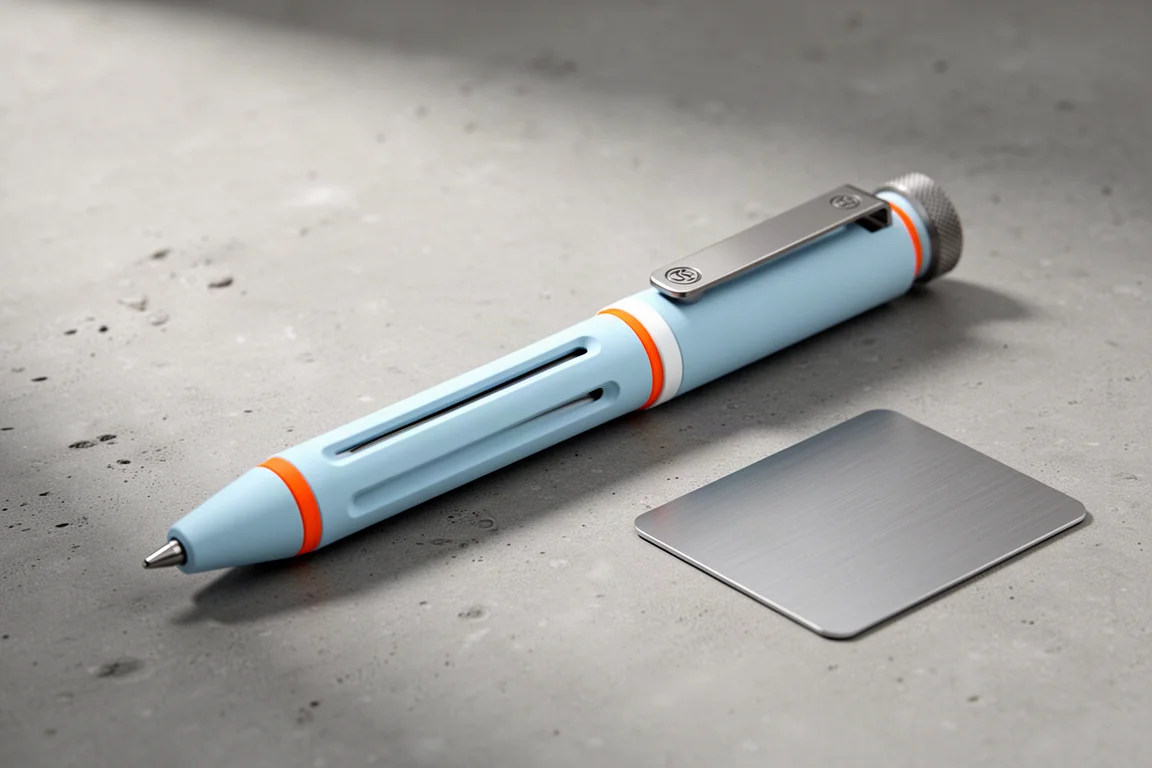 Tactile Turn GT titanium pen in baby blue and orange cerakote on a concrete surface