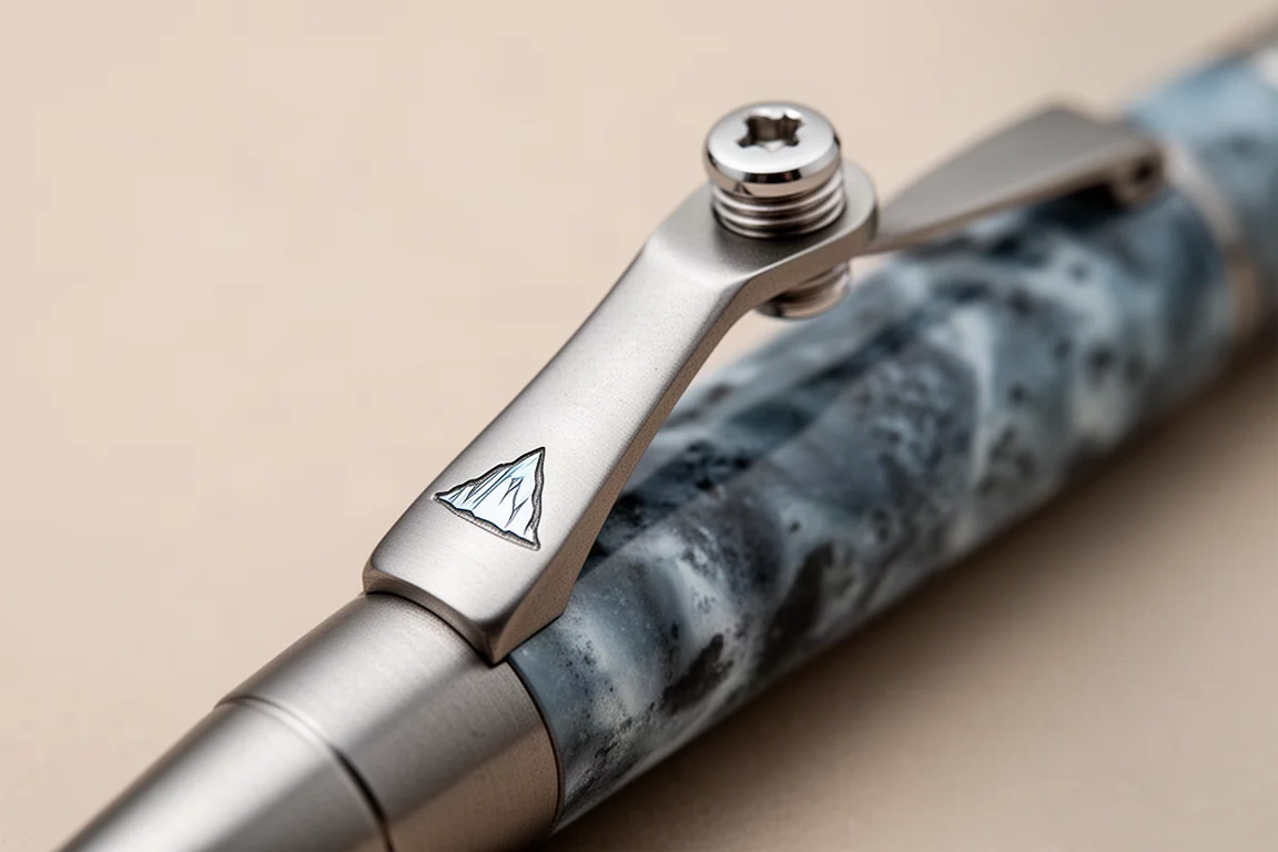 Nahaufnahme eines Pen-Clips mit graviertem Eisberg-Motiv und polierter Schraube