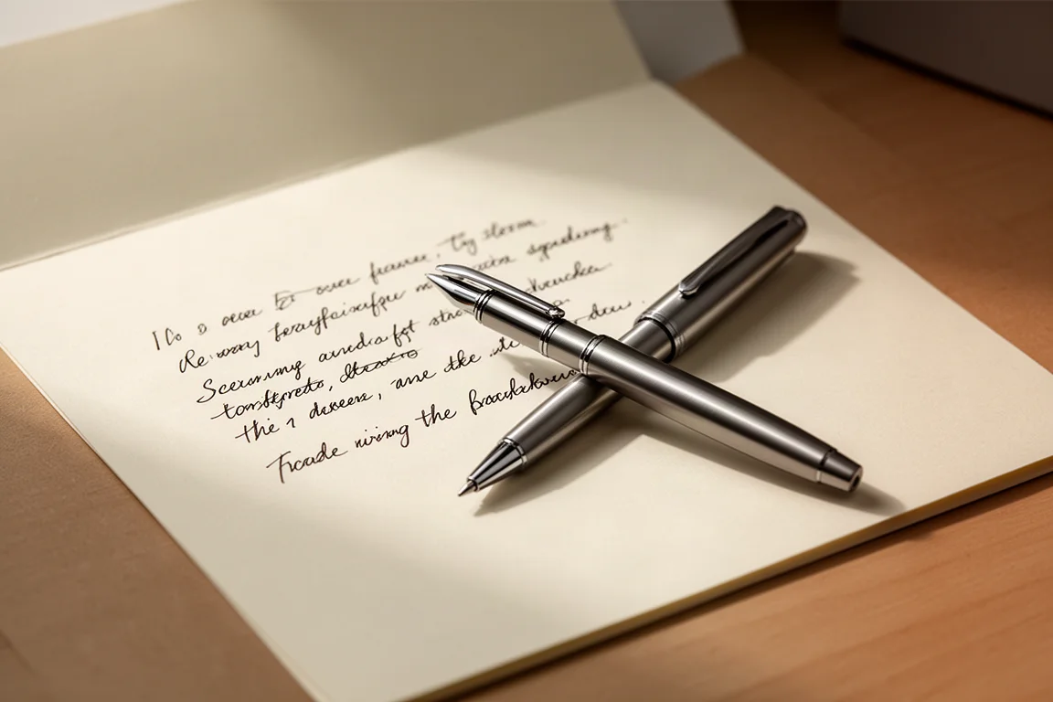 Handschriftliche Tintenprobe in dunkler Tinte auf cremefarbenem Papier