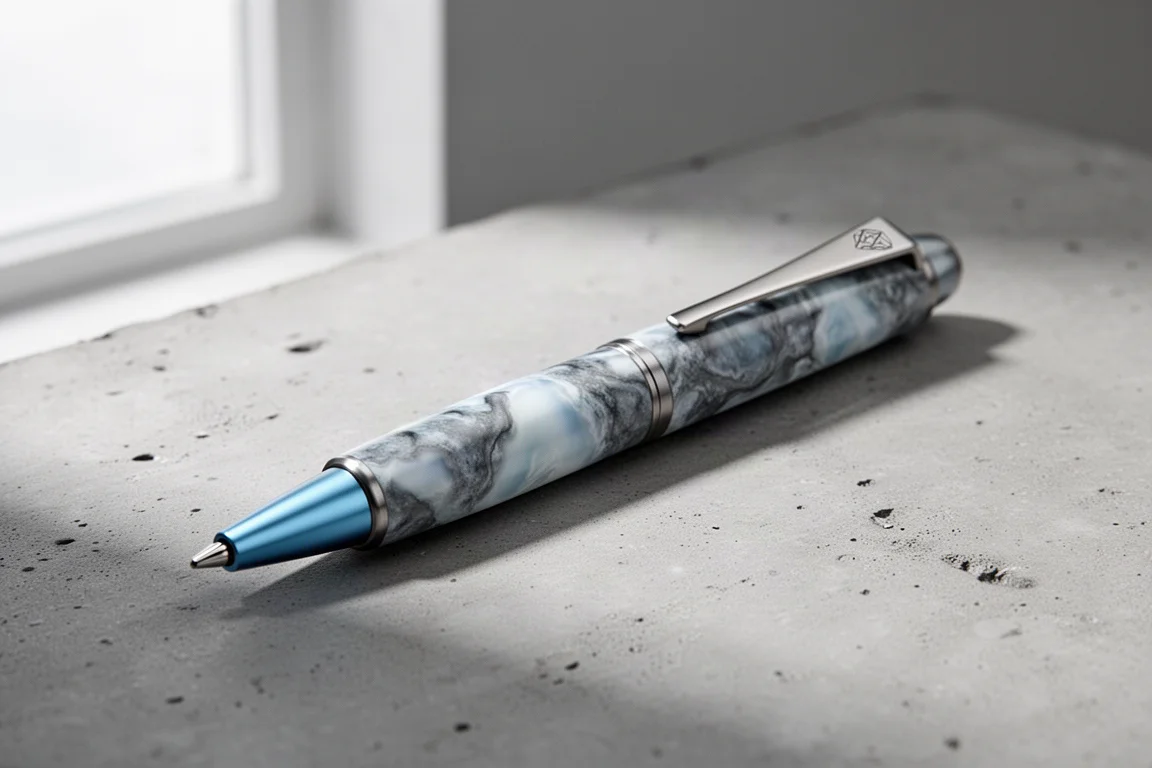 Penna rollerball in titanio con finitura marmorizzata grigio-blustra su una superficie di cemento