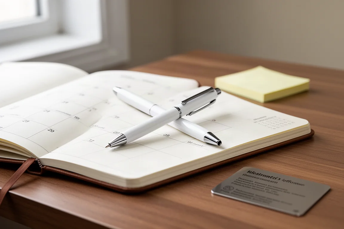 Glossy white pen resting on an open notebook beside a sticky note