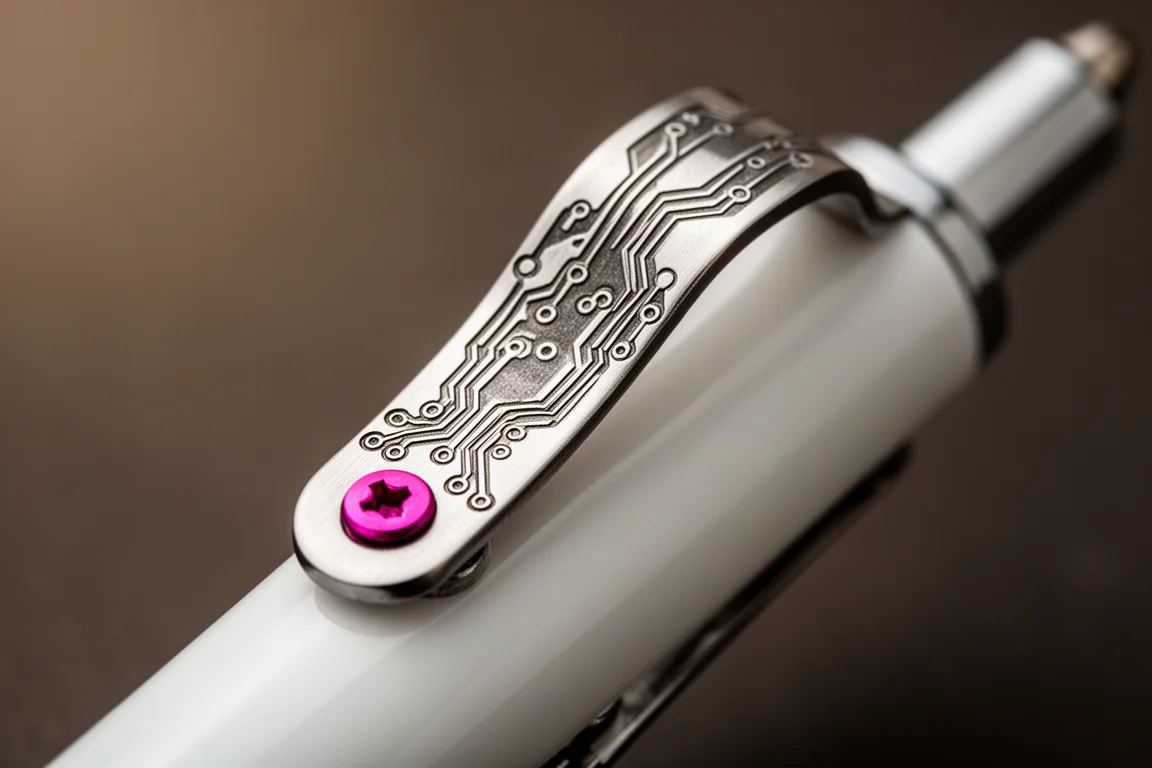 Close-up of a pen clip with engraved circuit pattern on a dark surface