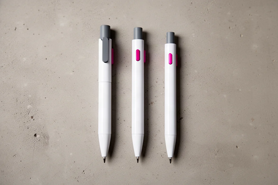 Three pen sizes lined up in height order on a concrete surface