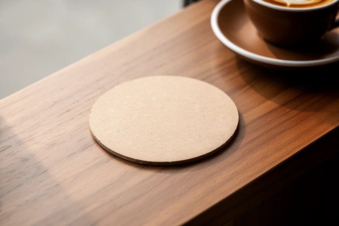 Balie van een koffiezaak met onderzetter en warm ochtendlicht