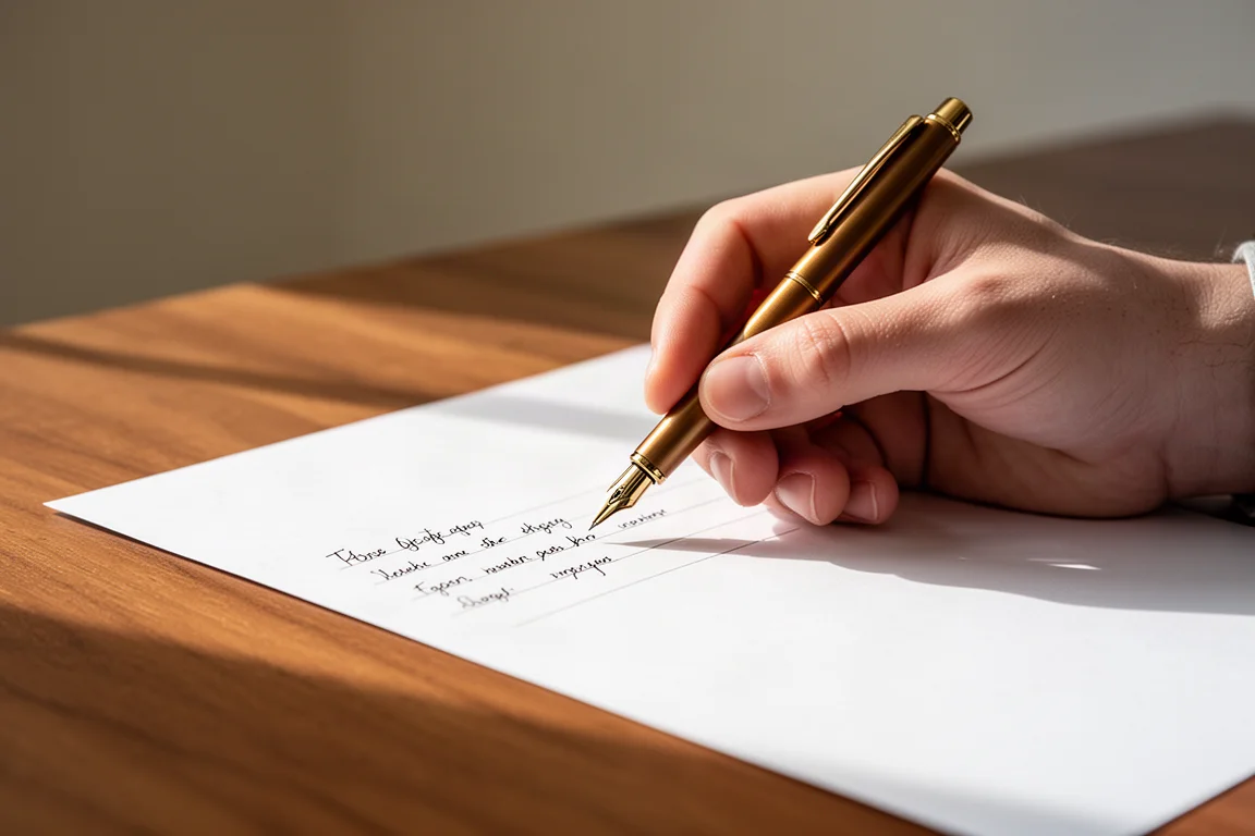 Persoon schrijvend met een metalen pen op papier aan een bureau