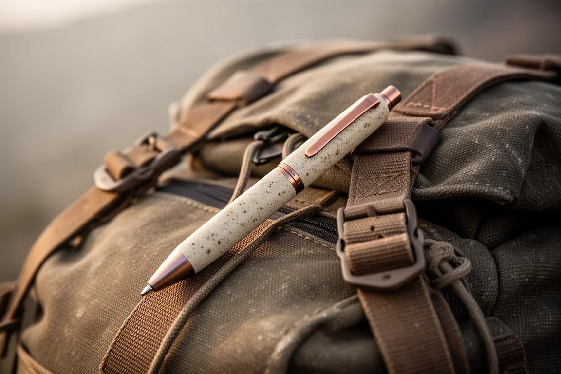 Titan-Schreiber mit marmoriertem Sand-Finish auf einem texturierten Outdoor-Rucksack