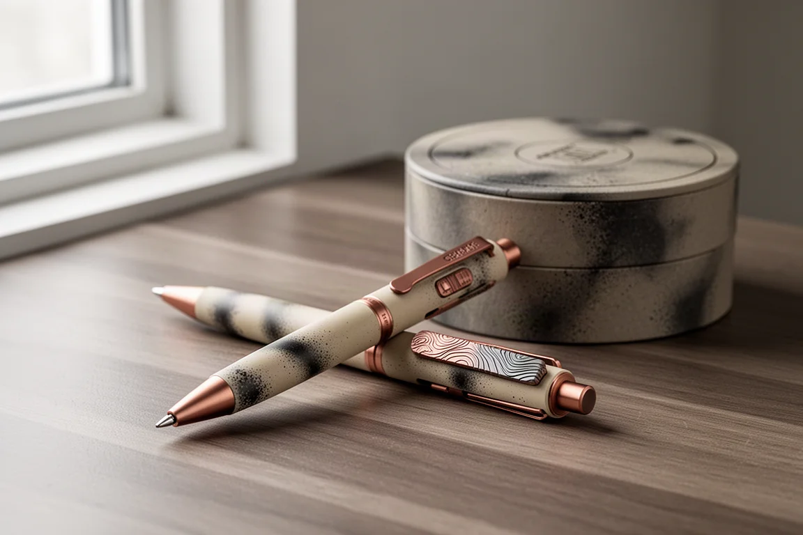Tactile Turn Off-Grid titanium pen met zandafwerking en koperen accenten naast zijn doos