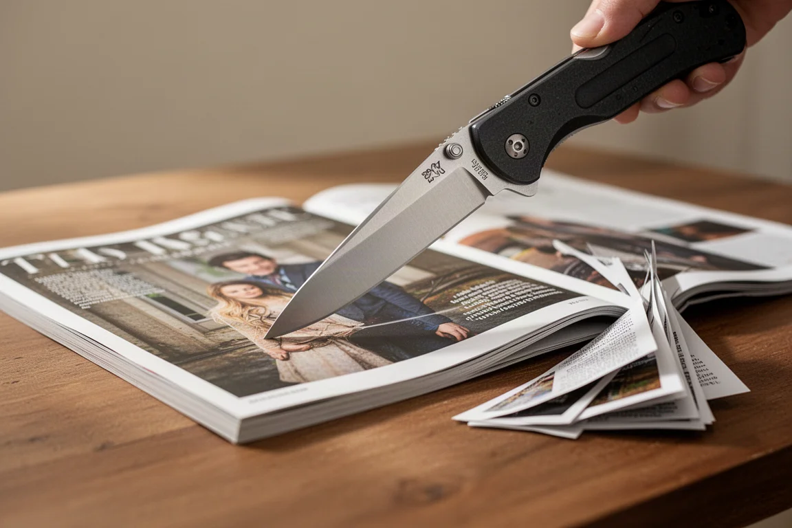 Lama di coltello pieghevole che taglia con precisione la copertina di una rivista