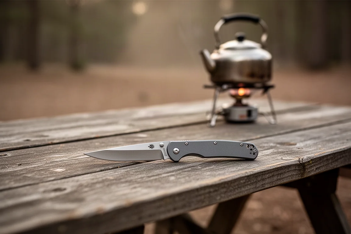 Coltello pieghevole aperto appoggiato su un tavolo da picnic in campeggio