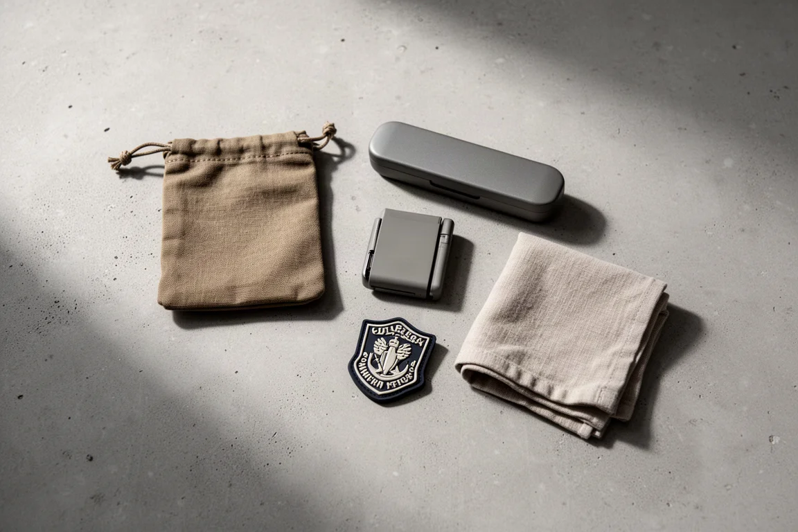 Oggetti EDC disposti in flat-lay su una superficie di cemento