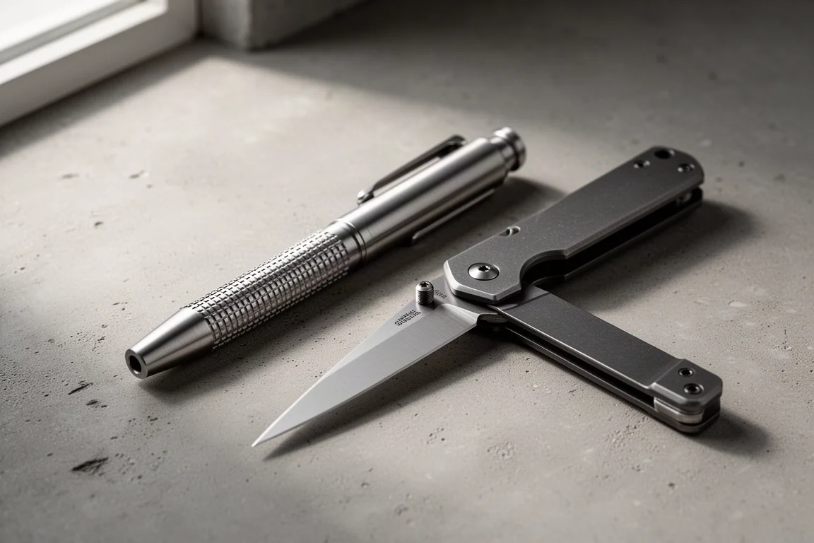 Machined pen and folding knife with thin blade on a concrete surface