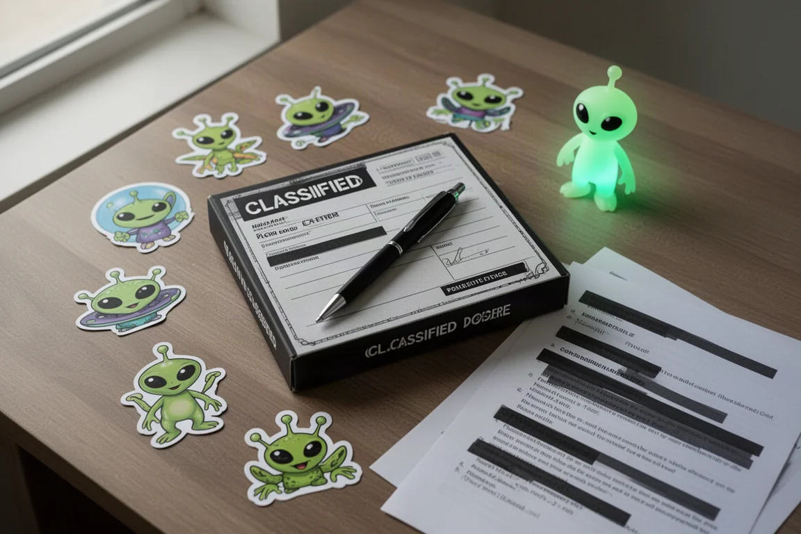 Thematische pennendoos met geredigeerde documenten en alienstickers, gerangschikt op een bureau