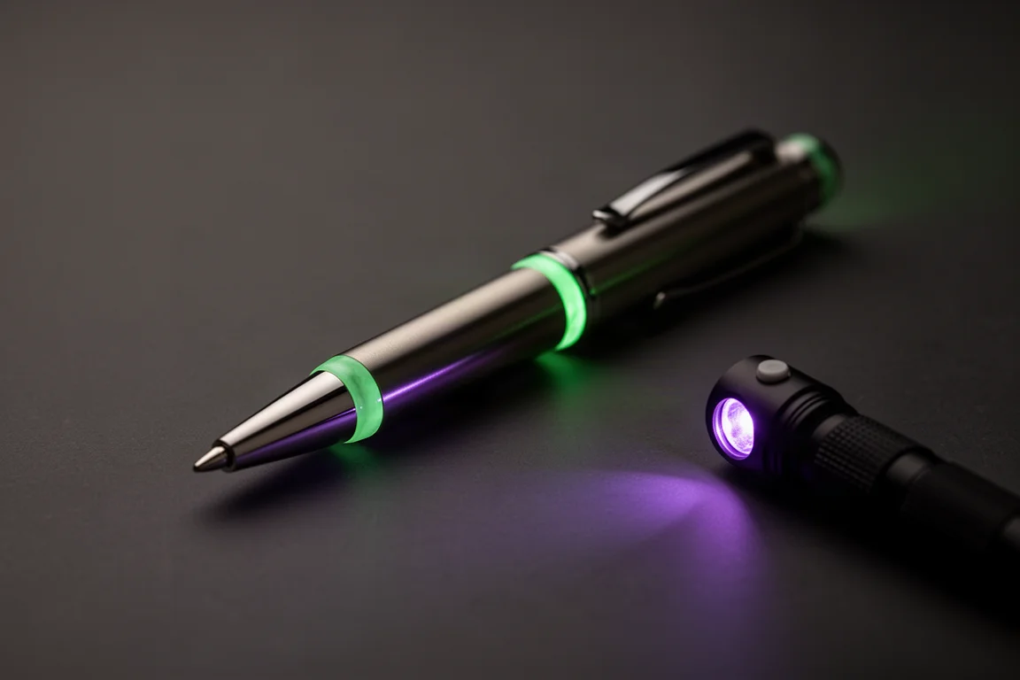 Groene accenten van de pen die zacht oplichten onder UV-licht in een donkere kamer