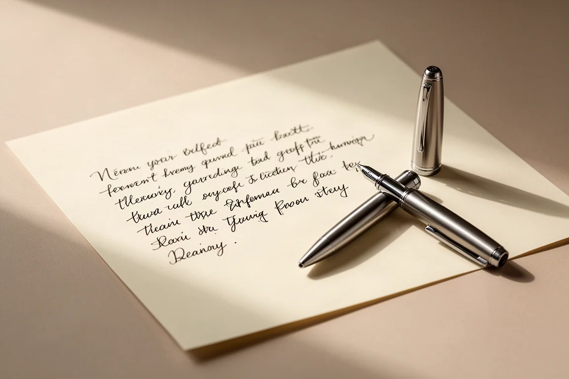 Handgeschreven schrijfsample op crèmekleurig papier met een rollerball ernaast
