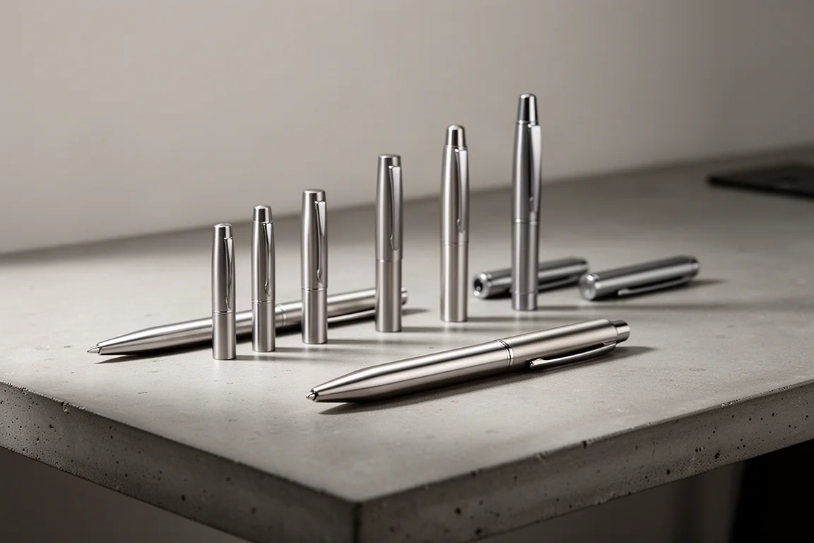 Verschillende gefreesde metalen pennen van diverse formaten, op een rij op een bureau