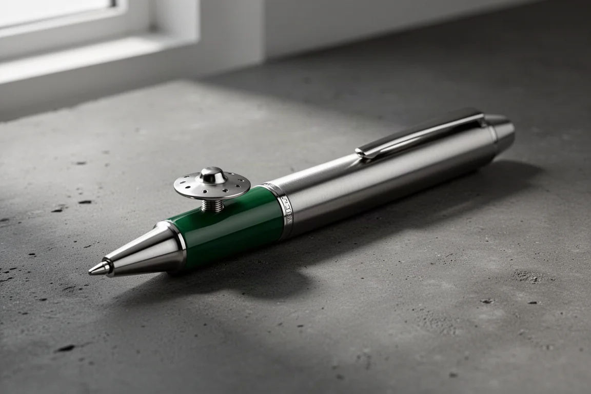 Polished titanium rollerball pen with green accents on a dark concrete surface