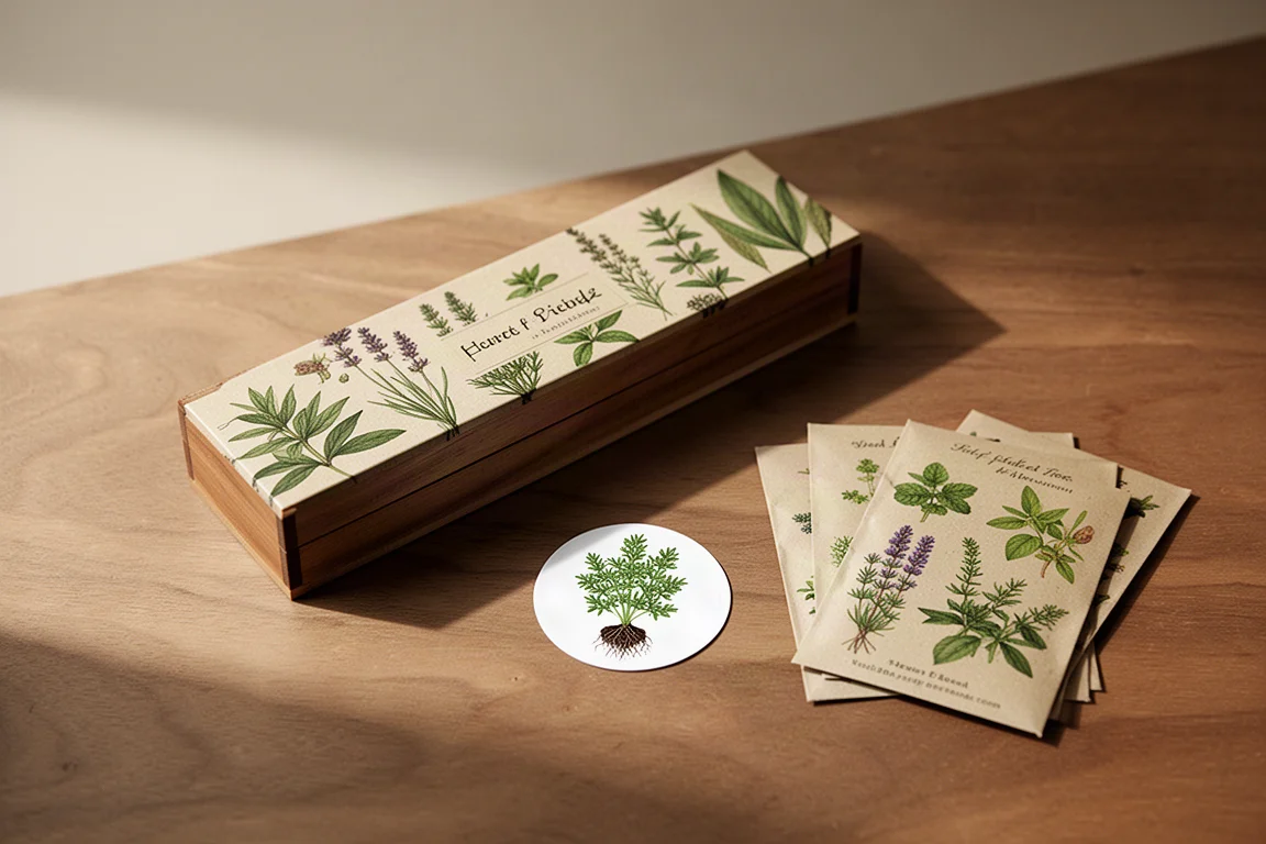 Caja temática con ilustraciones botánicas, una pegatina y pequeños sobres de semillas de hierbas sobre un escritorio