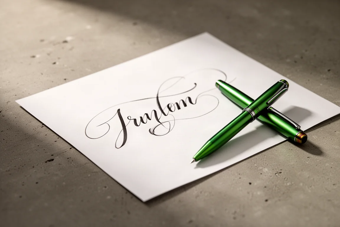 Líneas de tinta manuscritas sobre papel blanco junto a una pluma de titanio verde