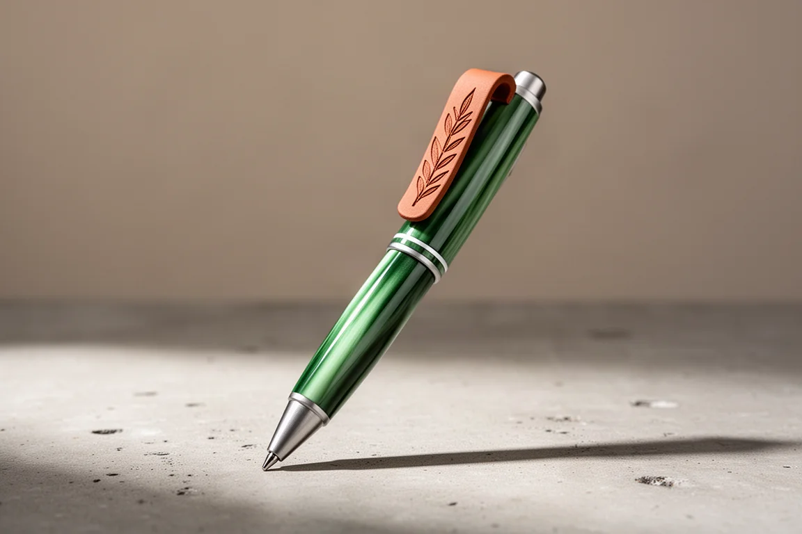 Titanium rollerball pen in glossy green finish with terracotta clip on concrete