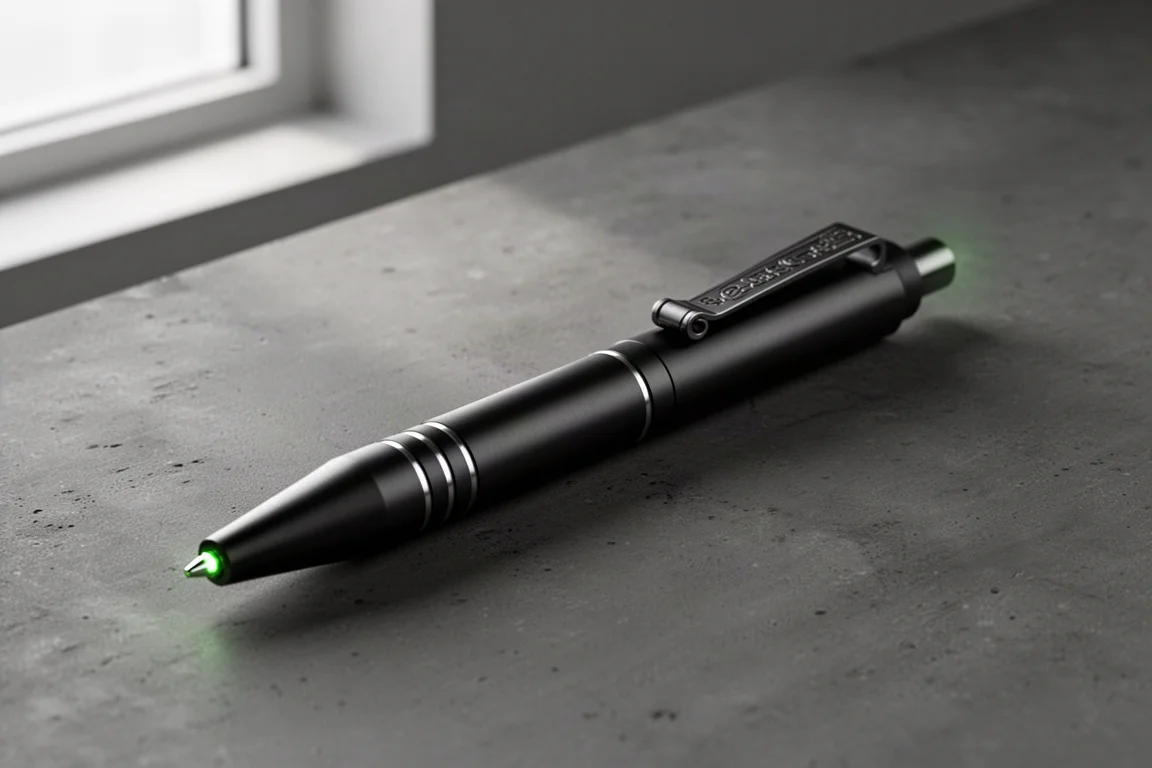 Matte black titanium bolt action pen with glowing finial on dark concrete