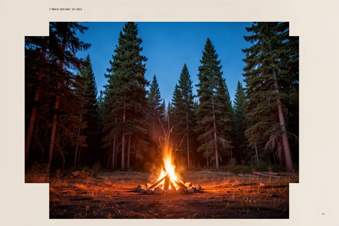 Glühendes Lagerfeuer in einem Nadelwald in der Abenddämmerung mit blauem Abendhimmel