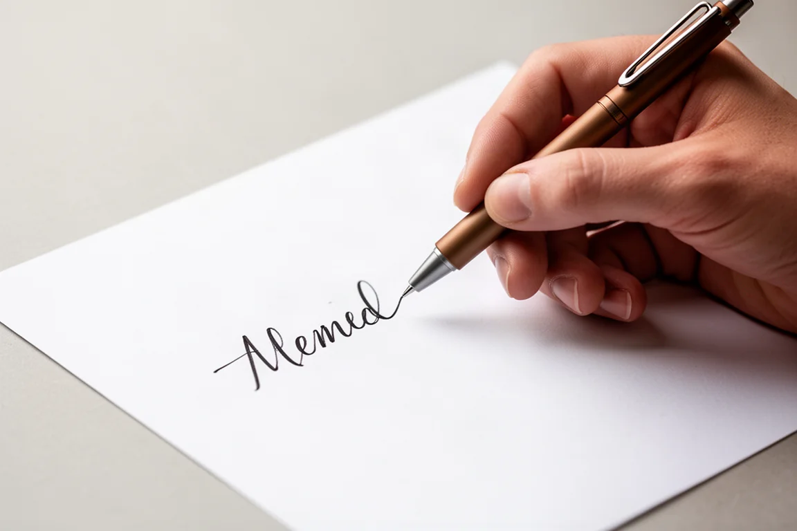 Hand schreibt glatte dunkle Linien mit einem schlanken Klick-Kugelschreiber auf weißes Papier