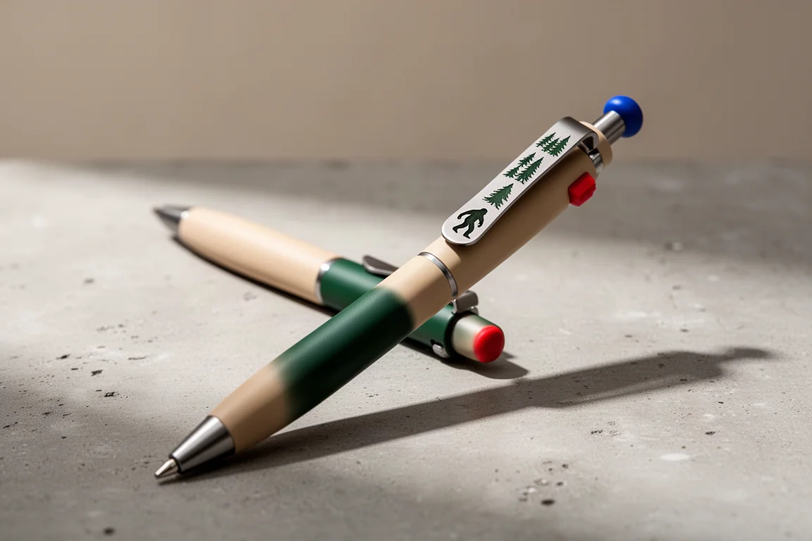 Slim titanium click pen with earth-toned finish, engraved clip, red click button, and blue top