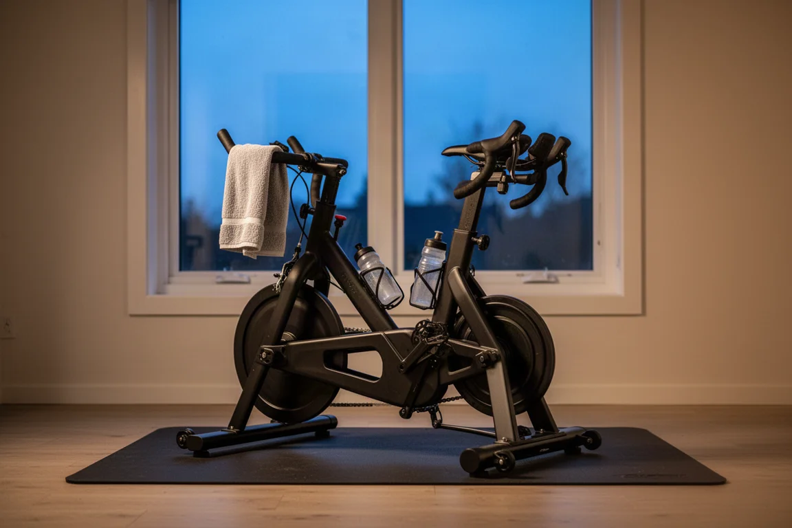 Home indoor training corner with a bike on a trainer, a fan, a towel, and a laptop on a stand