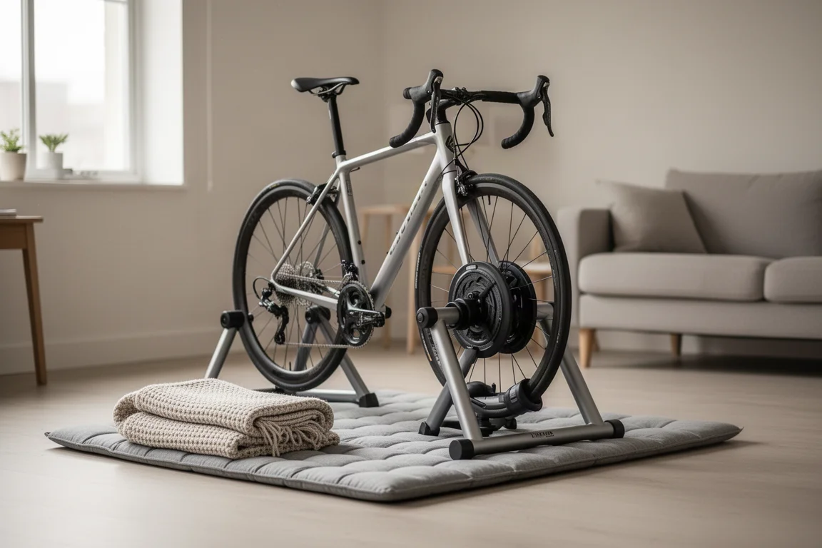 Close-up of a bike frame mounted on a direct drive trainer with the rear wheel removed
