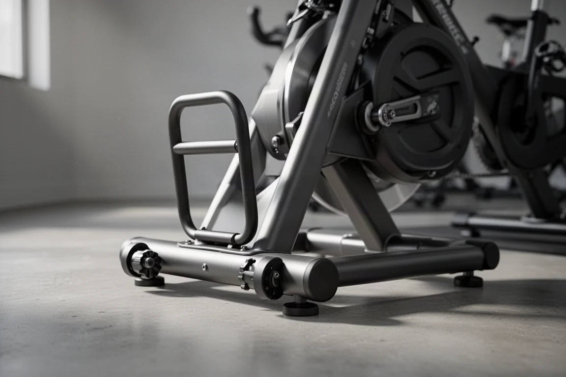 Low side view of a rider's legs pedalling on an indoor trainer with glowing coloured light