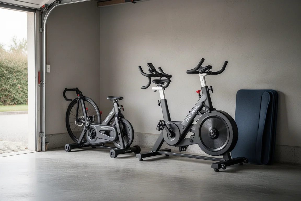 Overhead flat lay of indoor training essentials on a concrete floor