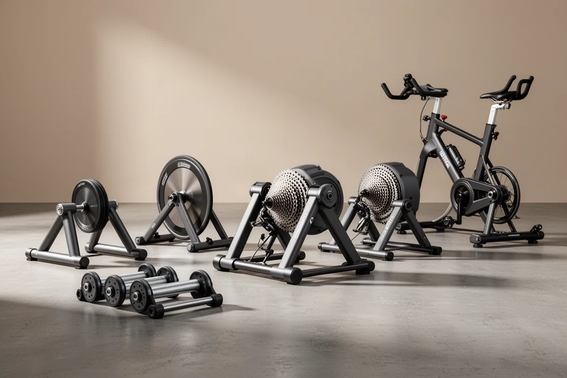 Row of indoor cycling trainers including rollers, direct drive trainers, and an indoor training bike
