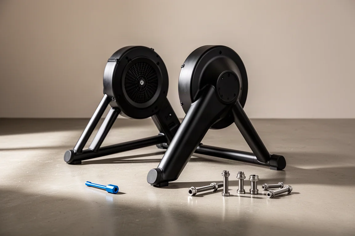 Direct drive smarttrainer die zijn pootjes ontvouwt op een studiovloer