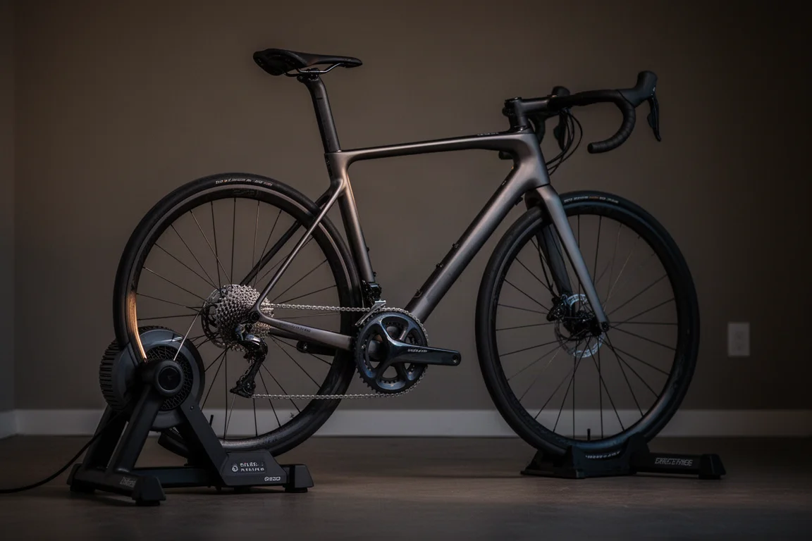 Indoor-trainingsopstelling met de fiets van een renner op een smarttrainer in een donkere kamer