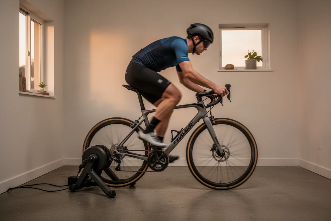 Fietser op een smart trainer die zachtjes voor- en achterwaarts wiegt in een kleine thuissetup