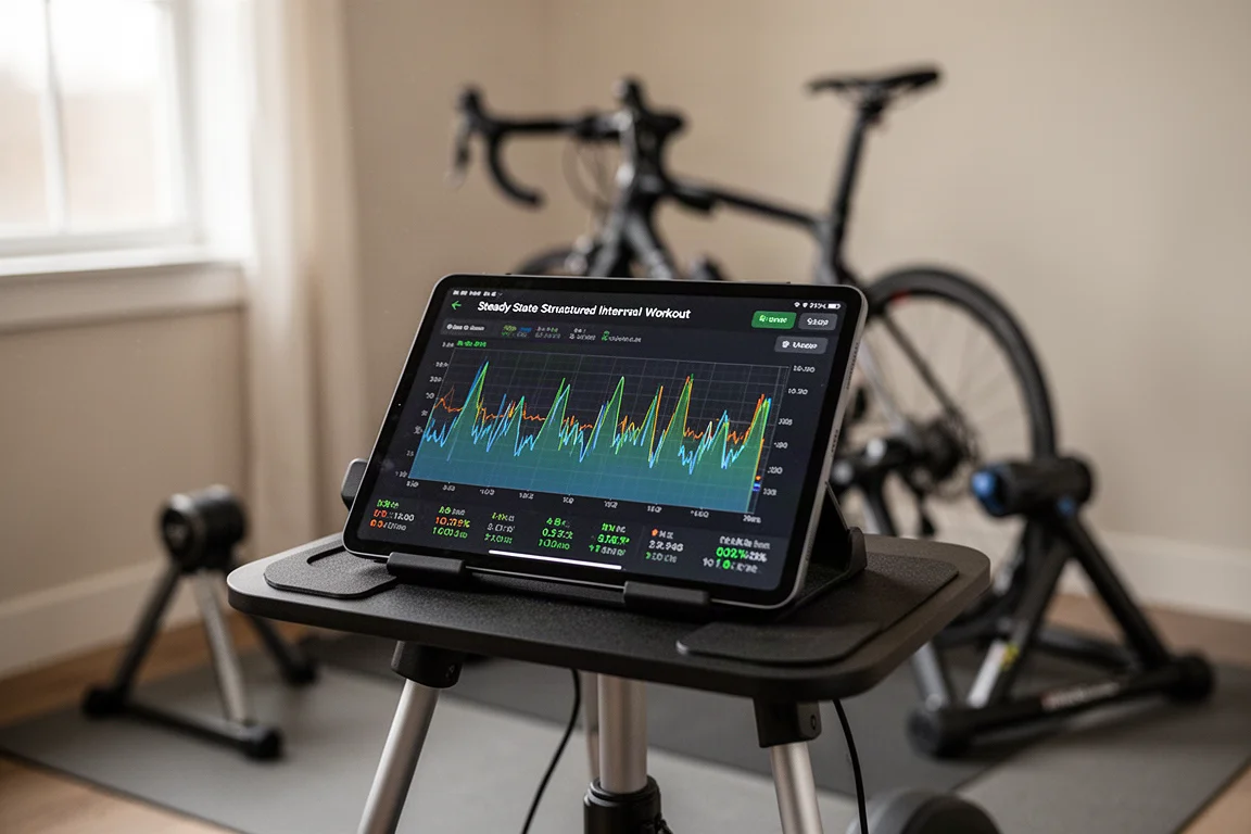 Gestructureerde workout op het scherm van een trainer met steady-state intervaltrainingen