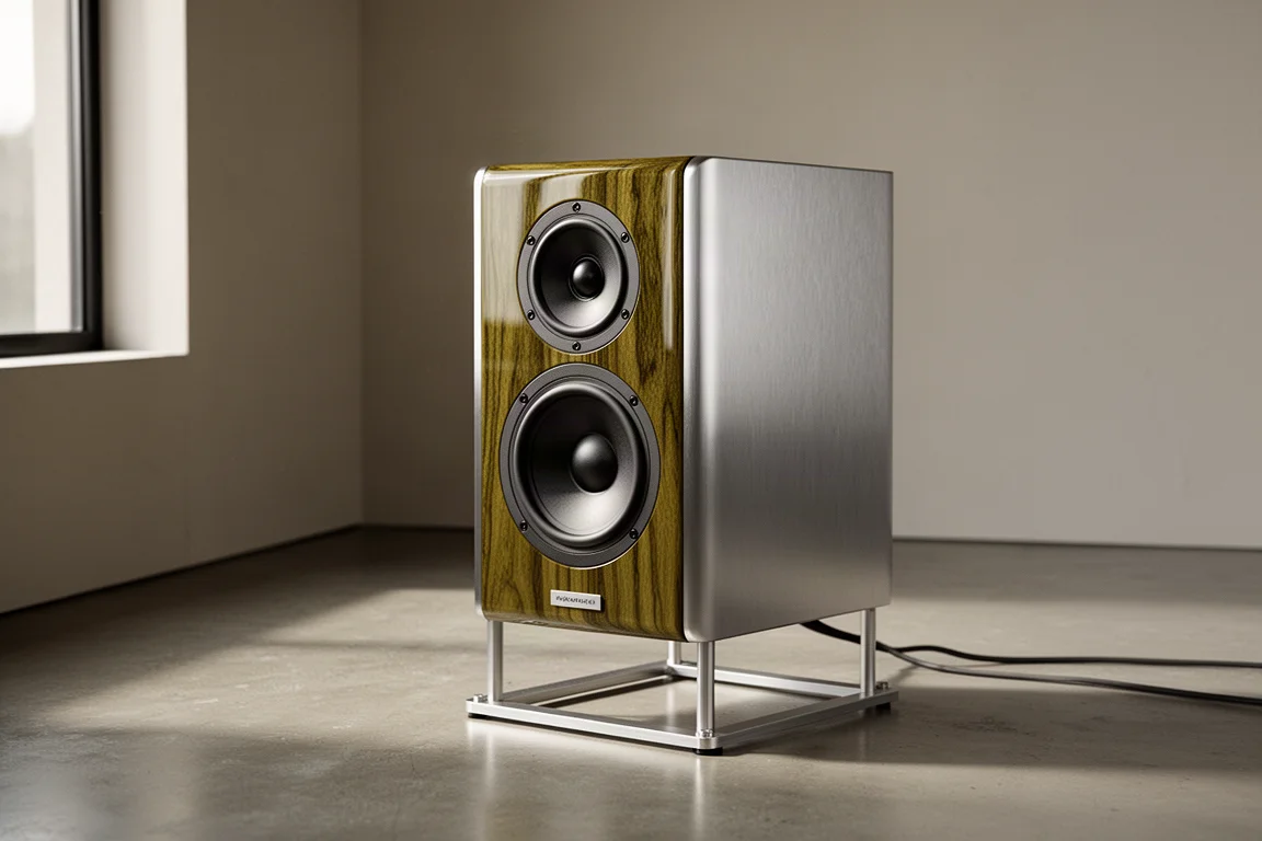 Compact high-gloss olive wood loudspeaker with aluminum side panels on a stand in a minimal room