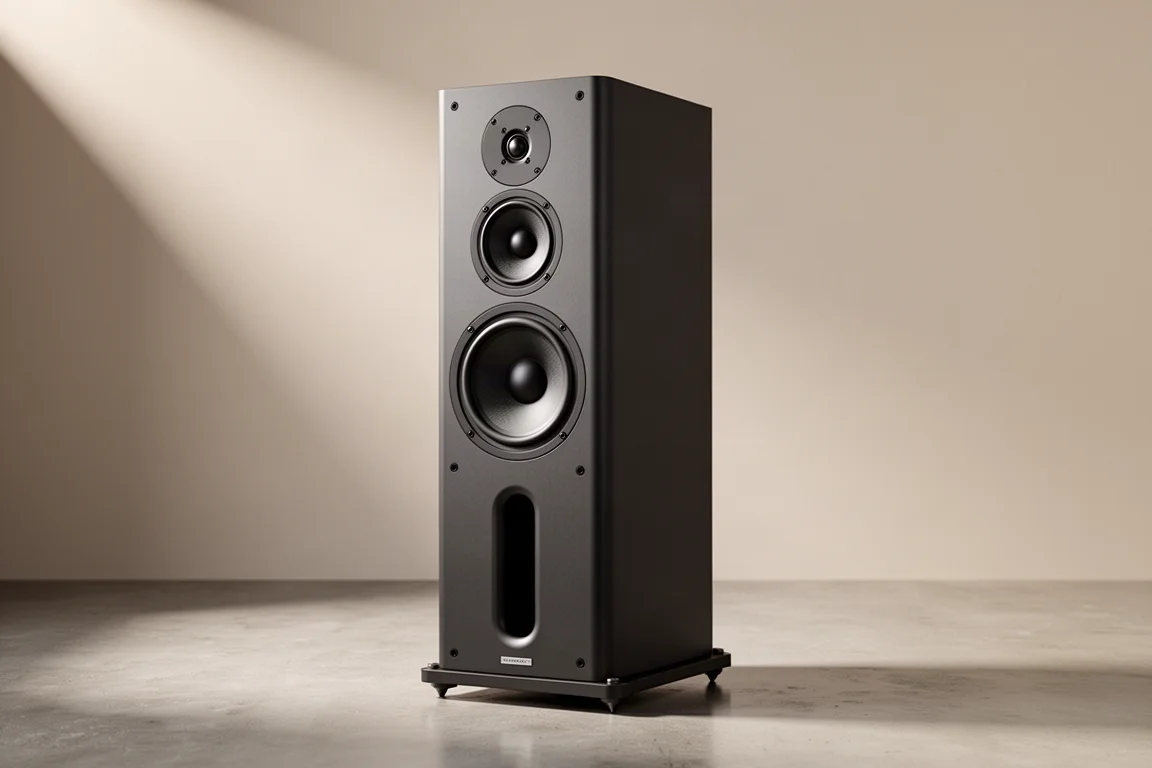 Tall three-way stand-mount loudspeaker in matte dark finish on a polished concrete floor
