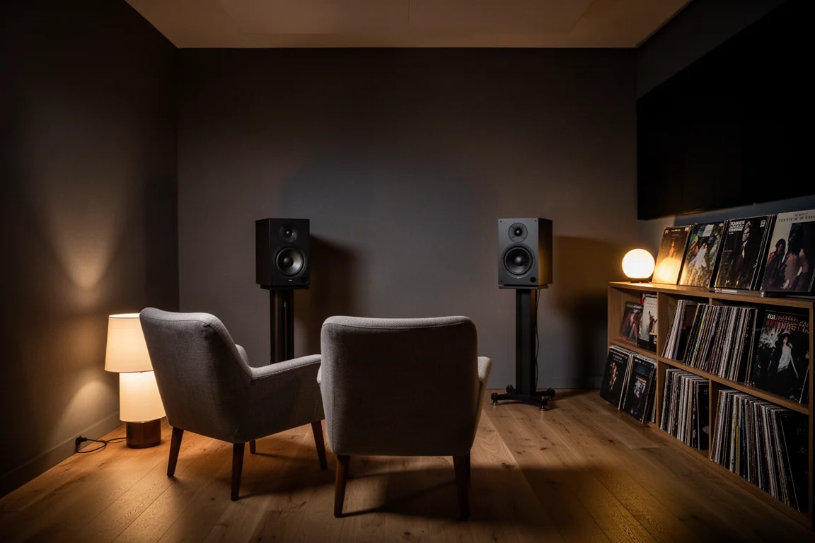 Schemerige luisterruimte 's nachts met een lage lamp en lege stoel tegenover luidsprekers