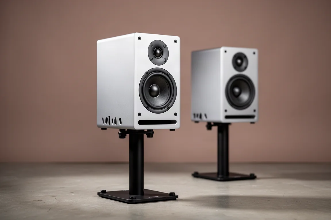 Silver stand-mount loudspeaker on a slim bolted stand against a warm grey backdrop