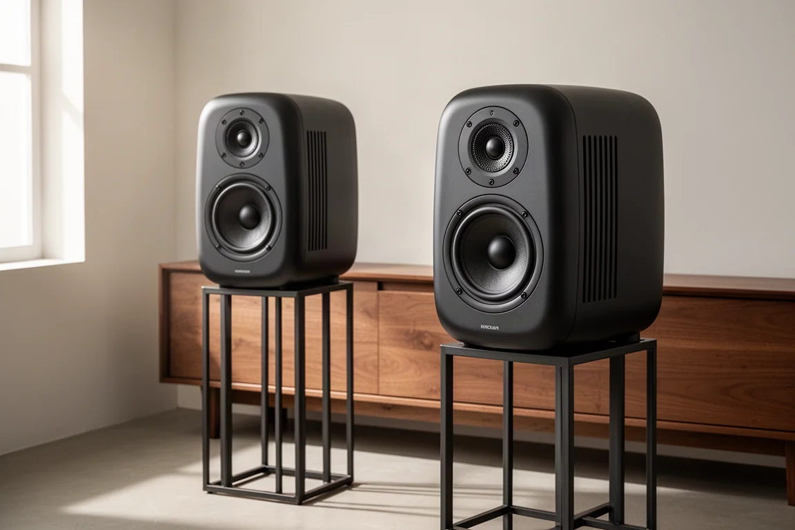 Pair of compact stand-mount speakers on slim stands in a minimalist listening room