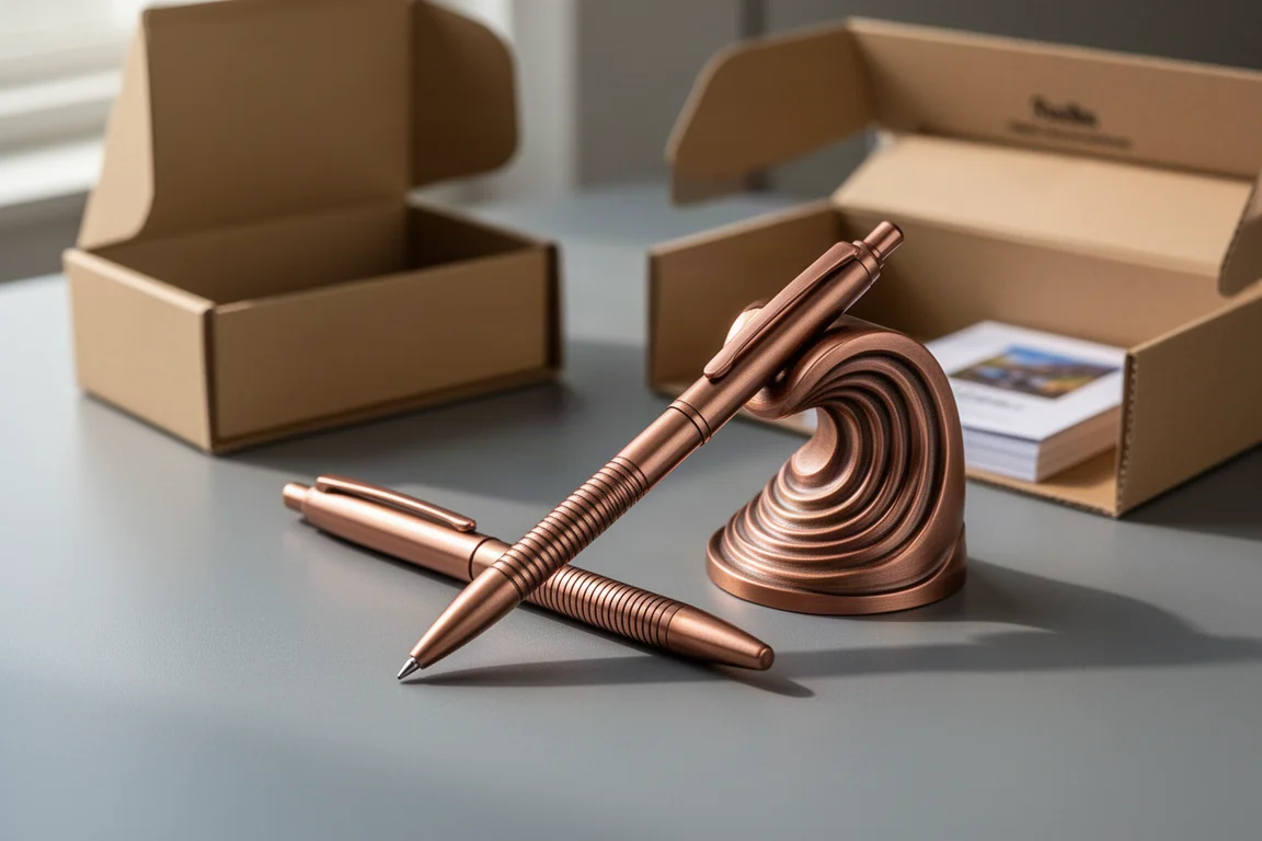 Slim black brass ballpoint pen resting on a dark desk beside its metal stand