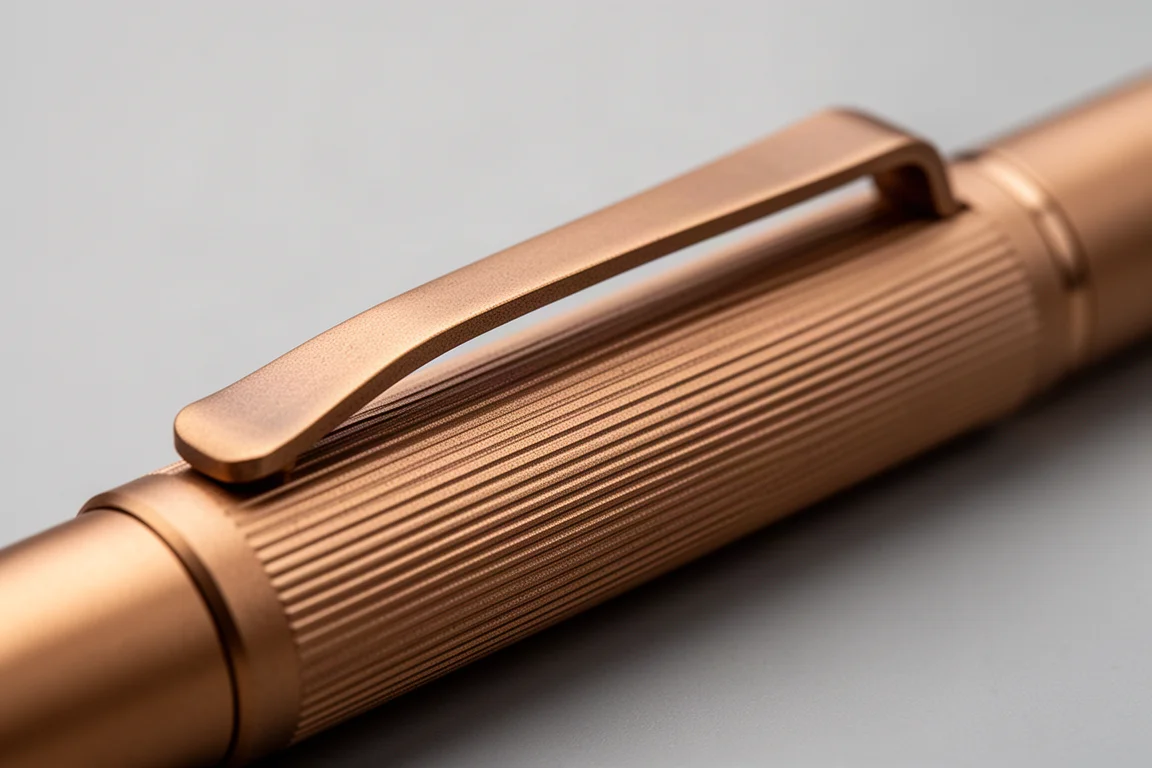 Close-up of the propeller-inspired twist mechanism on a black ballpoint pen